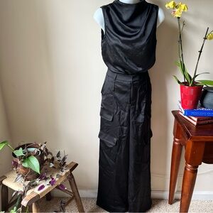 The Noli Shop SET Milan black satin cargo pants and Mara silky top size two